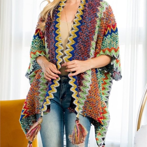 FALL VIBES KNIT ZIGZAG PATTERN TASSEL DETAILED KIMONO MULTI COLOR - Picture 2 of 7